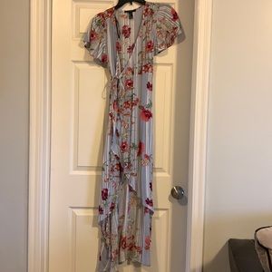 Asymmetrical, maxi wrap dress